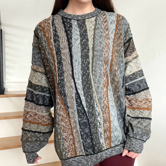 Vintage St. Croix Knits Wool 3D Knit Crew Neck Textured Grey Tan Sweater